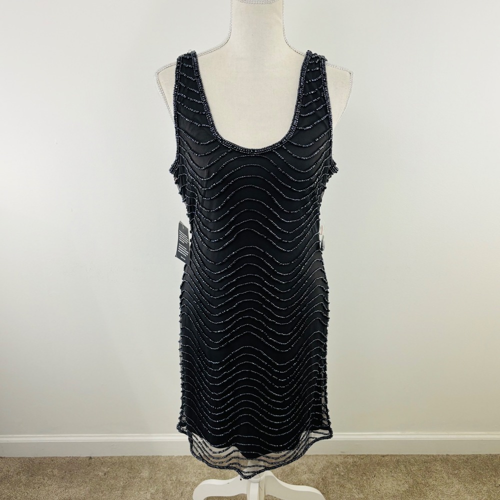 New VTG Prelude 90's Black Dark Purple Shift Beaded Cocktail Heavy Dress Sz 8